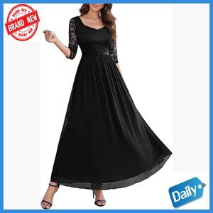 3/4 Sleeve Formal Maxi Dress Lace Top A-Line Sweetheart Neck Floor Length